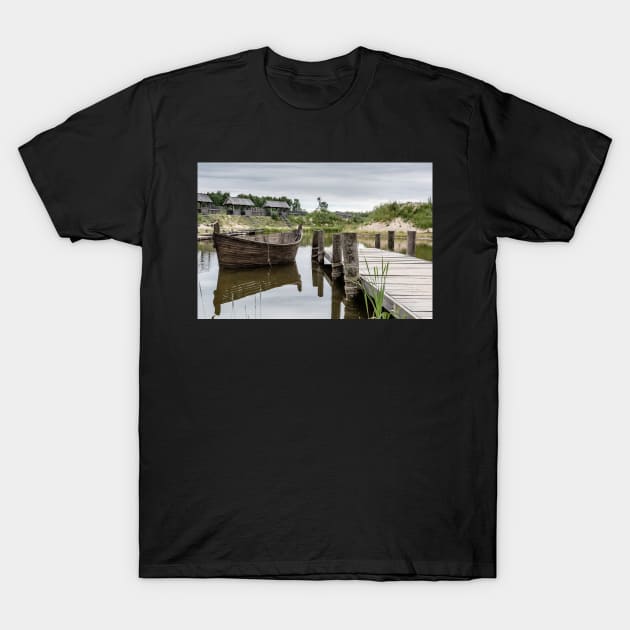 Peaceful landscape with lake and wooden boat T-Shirt by lena-maximova